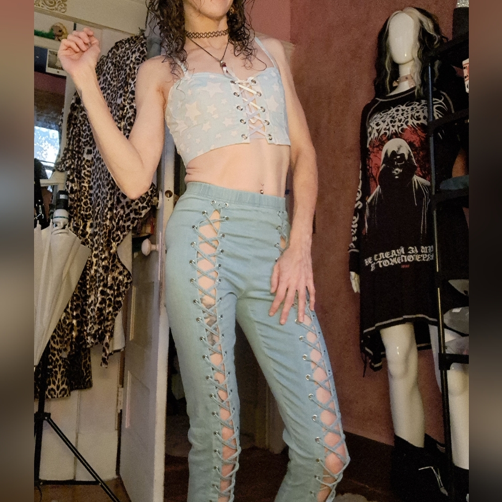 Poster girl by dolls kill stretchy lace up denim leggings! Corset leggings